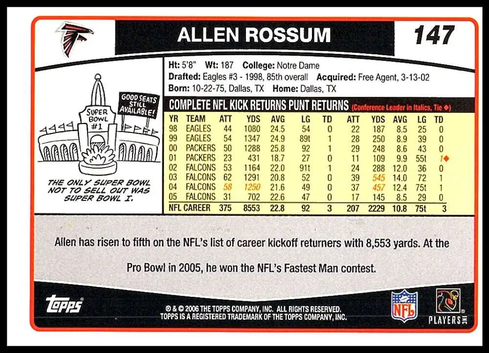 2006 Topps #147 Allen Rossum NM-MT Atlanta Falcons Football Card - Football Card Single