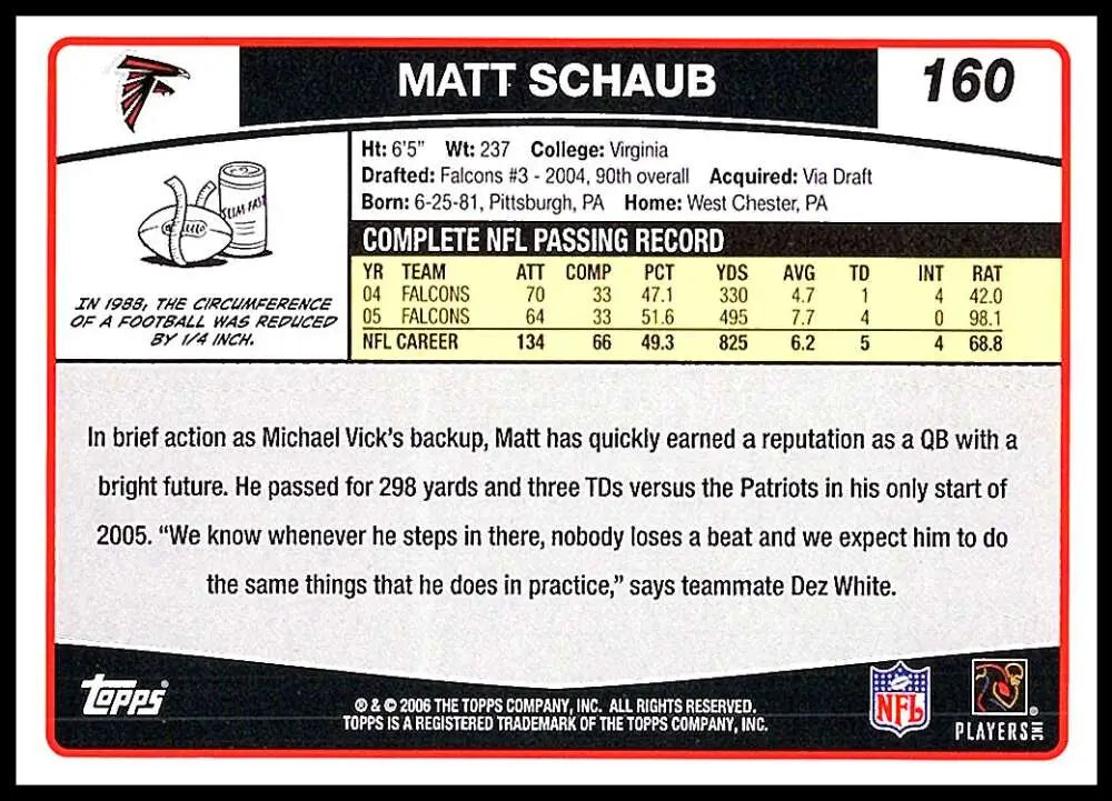 2006 Topps #160 Matt Schaub NM-MT Atlanta Falcons Football Card - Football Card Single