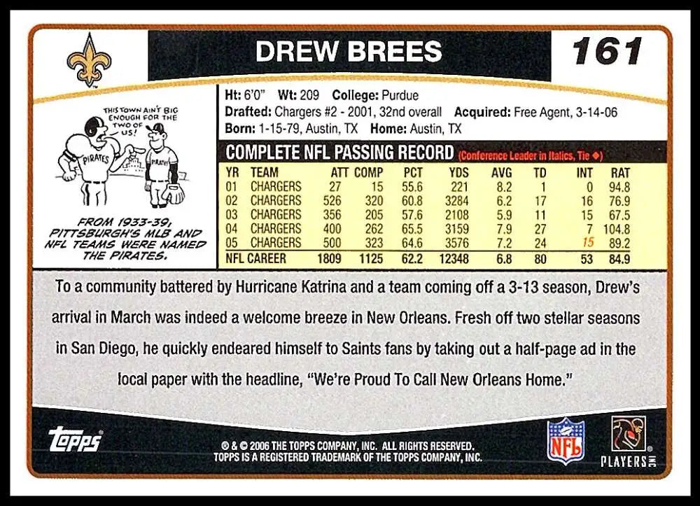 2006 Topps #161 Drew Brees NM-MT New Orleans Saints Football Card - Football Card Single