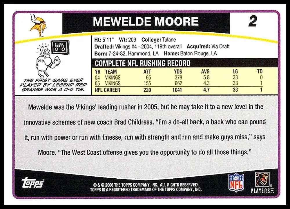 2006 Topps #2 Mewelde Moore NM-MT Minnesota Vikings Football Card - Football Card Single