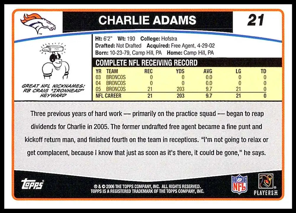 2006 Topps #21 Charlie Adams NM-MT Denver Broncos Football Card - Football Card Single