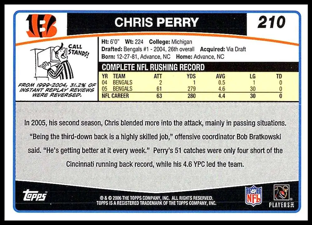 2006 Topps #210 Chris Perry NM-MT Cincinnati Bengals Football Card - Football Card Single