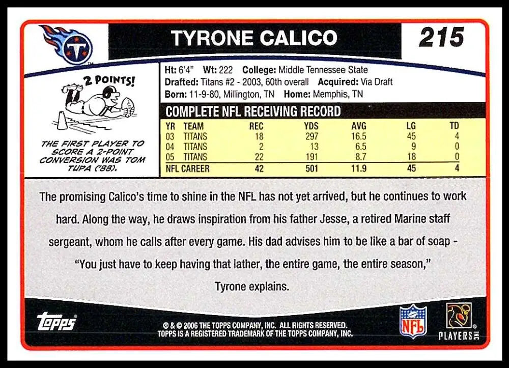 2006 Topps #215 Tyrone Calico NM-MT Tennessee Titans Football Card - Football Card Single