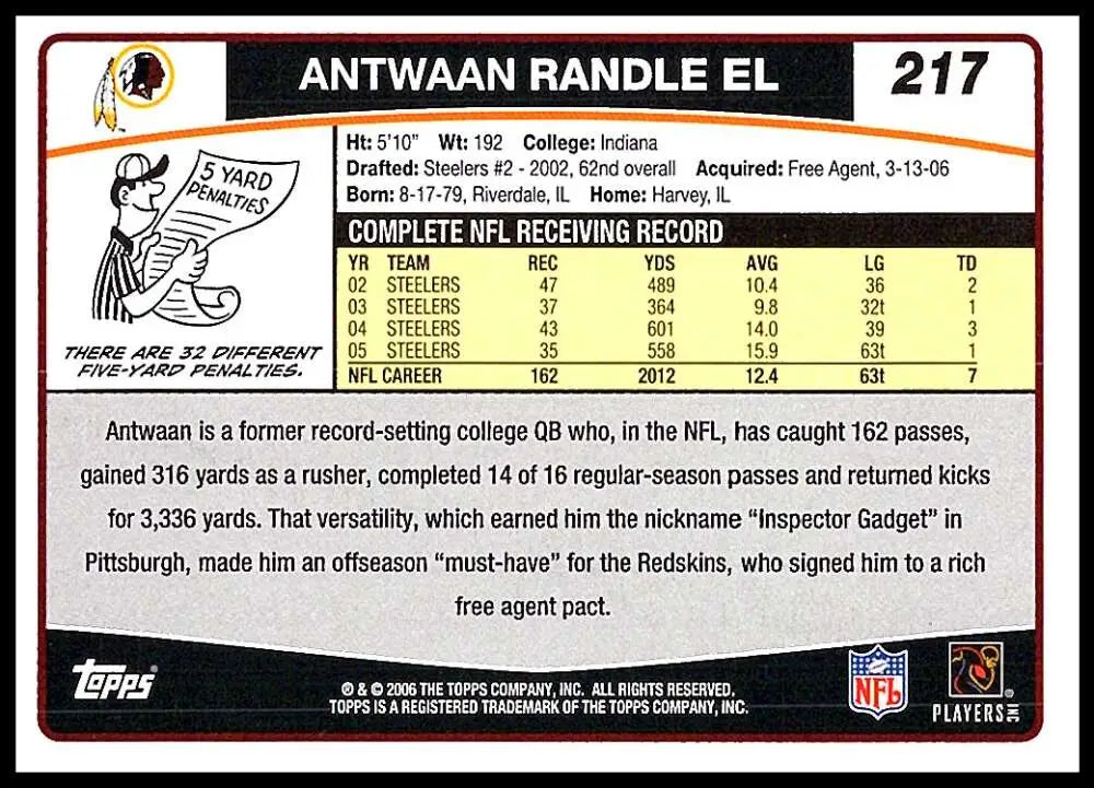 2006 Topps #217 Antwaan Randle El NM-MT Washington Redskins Football Card - Football Card Single