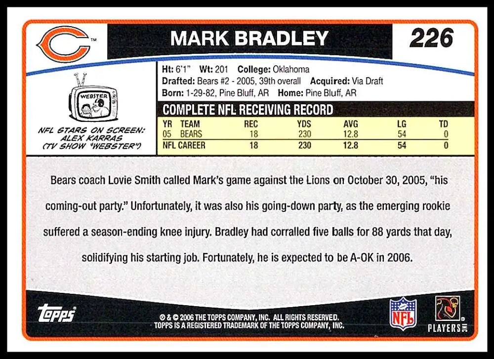 2006 Topps #226 Mark Bradley NM-MT Chicago Bears Football Card - Football Card Single