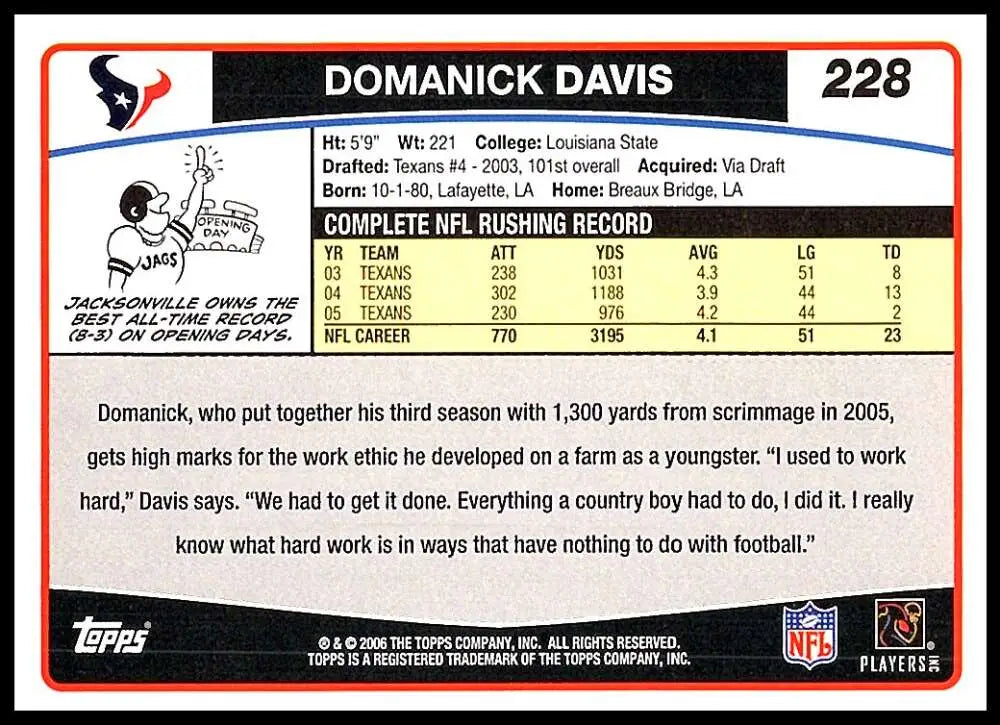 2006 Topps #228 Domanick Davis NM-MT Houston Texans Football Card - Football Card Single