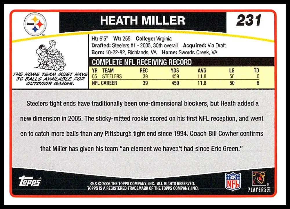 2006 Topps #231 Heath Miller NM-MT Pittsburgh Steelers Football Card - Football Card Single