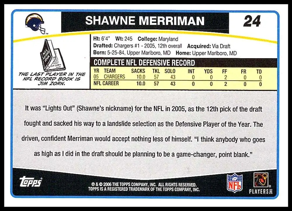 2006 Topps #24 Shawne Merriman NM-MT San Diego Chargers Football Card - Football Card Single