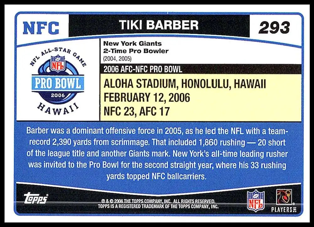 2006 Topps #293 Tiki Barber NM-MT New York Giants Football Card - Football Card Single