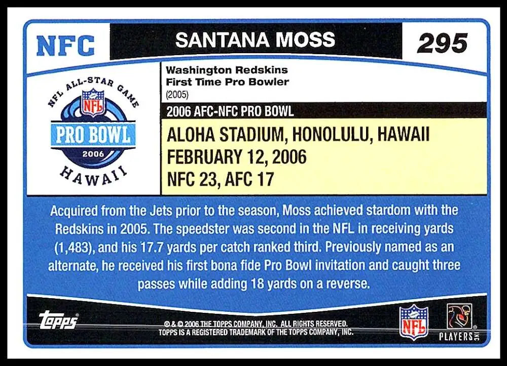 2006 Topps #295 Santana Moss NM-MT Washington Redskins Football Card - Football Card Single