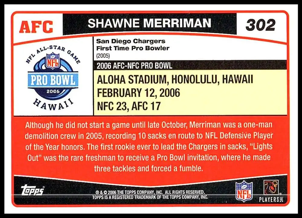2006 Topps #302 Shawne Merriman NM-MT San Diego Chargers Football Card - Football Card Single