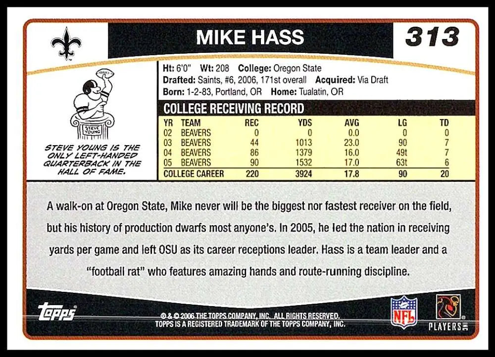 2006 Topps #313 Mike Hass NM-MT RC Rookie New Orleans Saints Football Card - Football Card Single