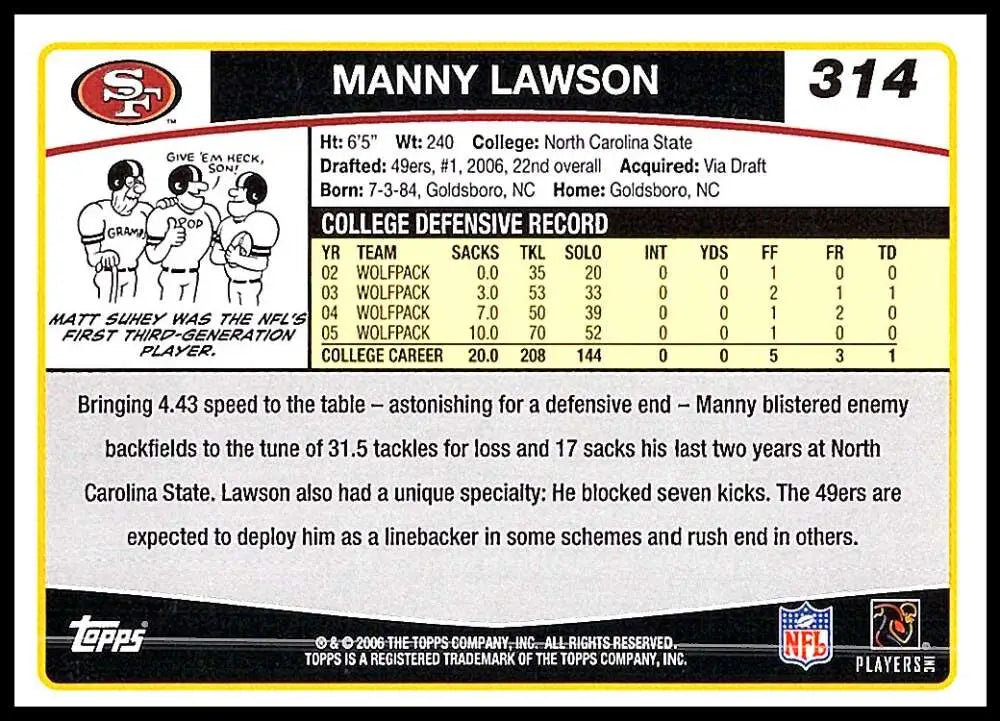 2006 Topps #314 Manny Lawson NM-MT RC Rookie San Francisco 49ers Football Card - Football Card Single