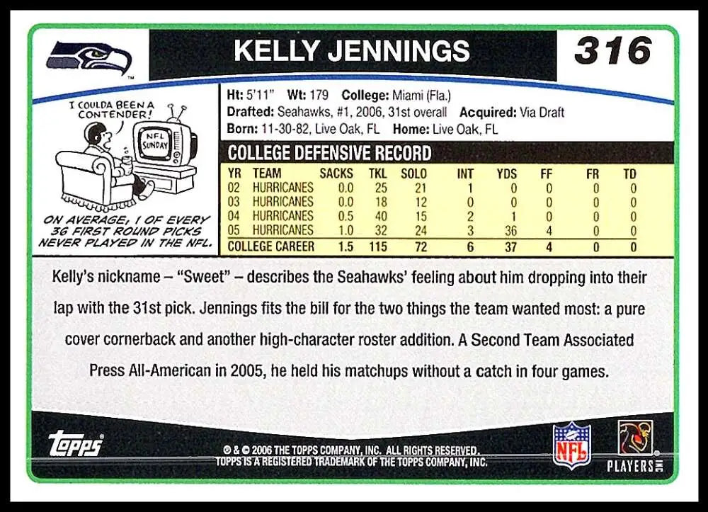 2006 Topps #316 Kelly Jennings NM-MT RC Rookie Seattle Seahawks Football Card - Football Card Single