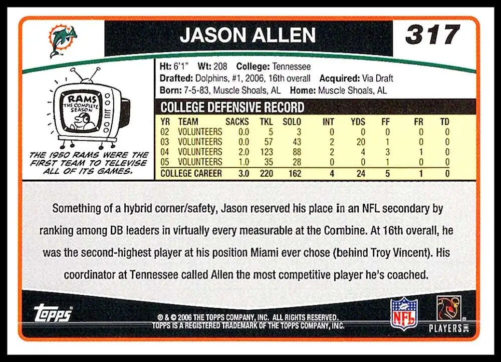 2006 Topps #317 Jason Allen NM-MT RC Rookie Miami Dolphins Football Card - Football Card Single
