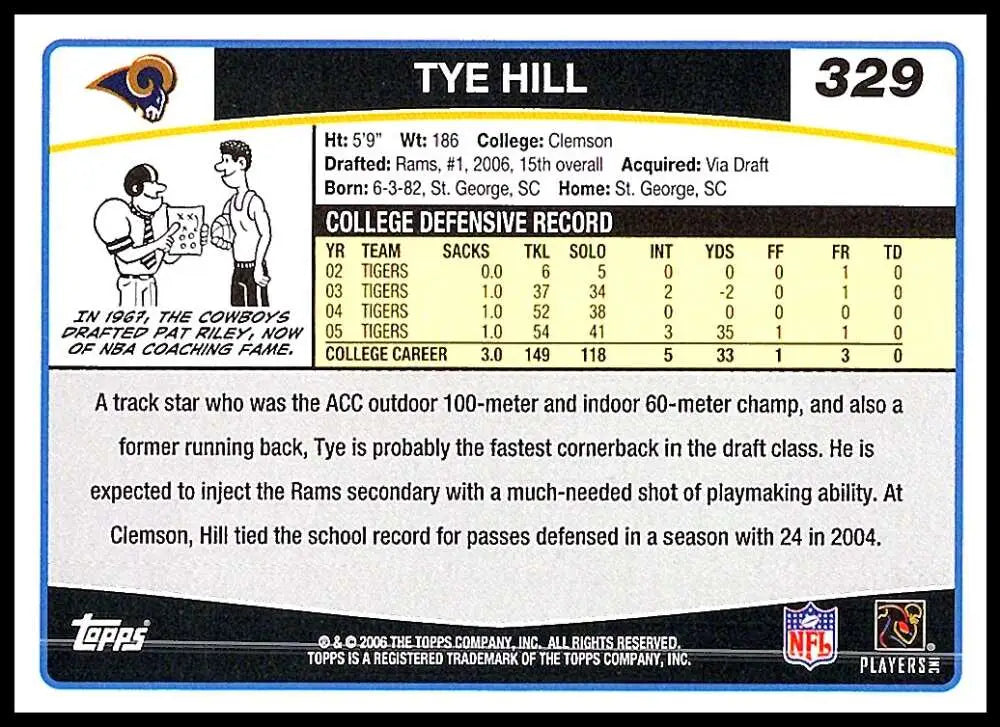 2006 Topps #329 Tye Hill NM-MT RC Rookie St. Louis Rams Football Card - Football Card Single
