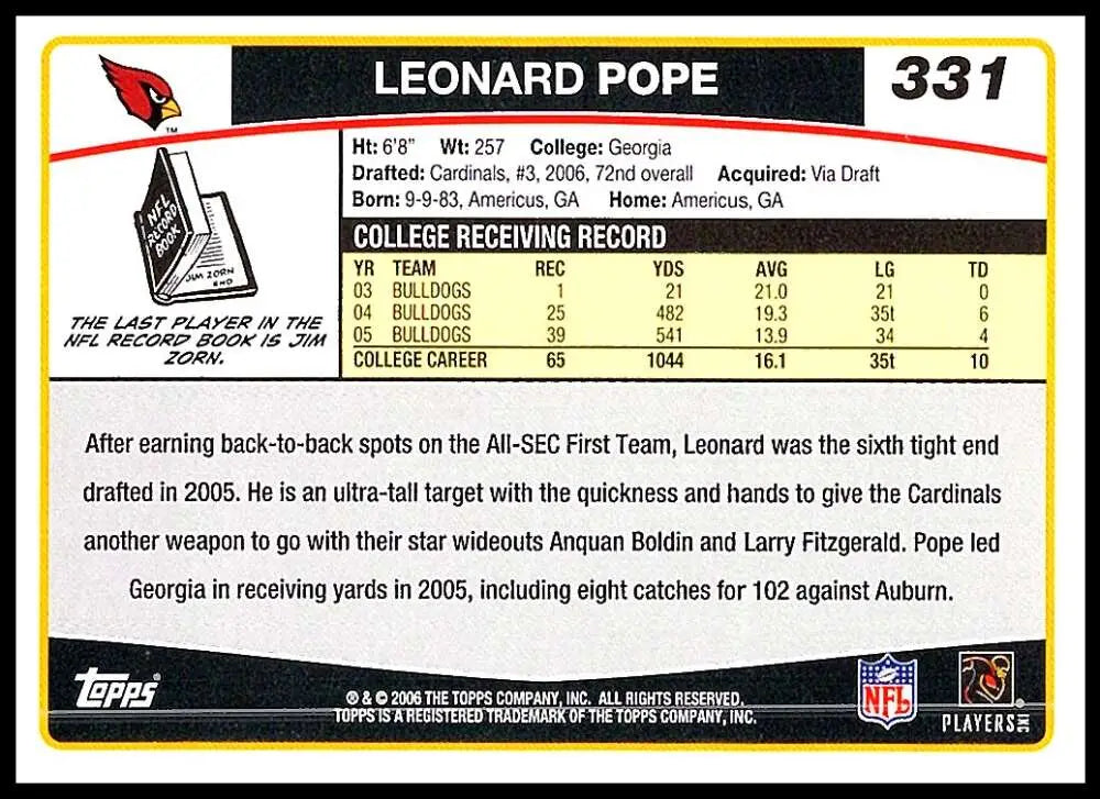 2006 Topps #331 Leonard Pope NM-MT RC Rookie Arizona Cardinals Football Card - Football Card Single