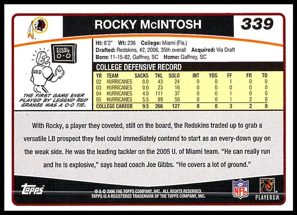 2006 Topps #339 Rocky McIntosh NM-MT RC Rookie Washington Redskins Football Card - Football Card Single