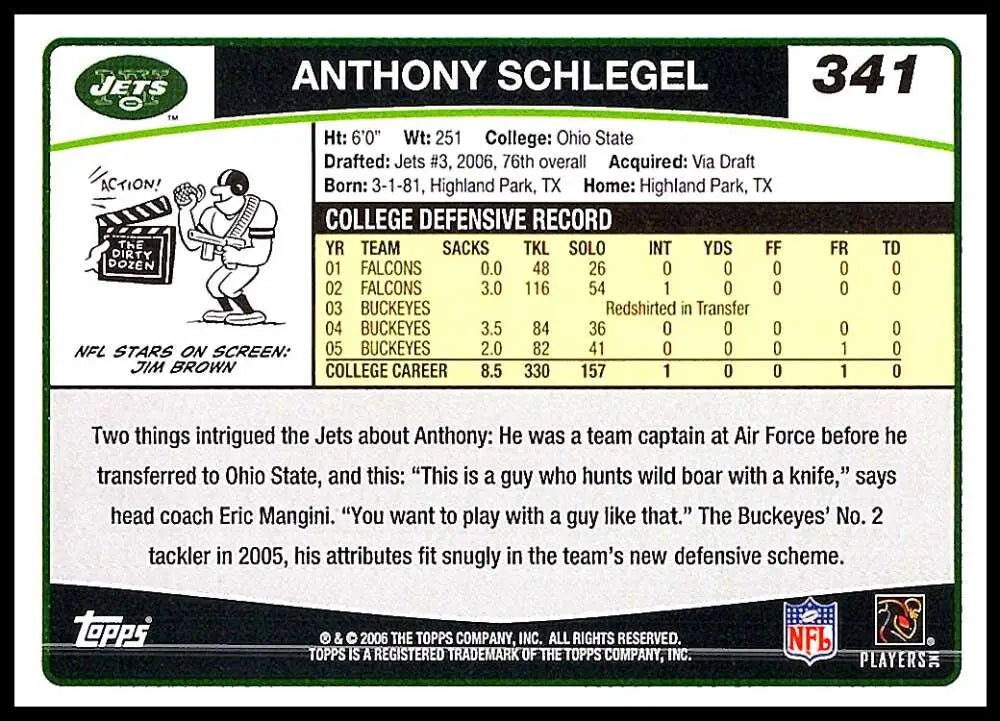 2006 Topps #341 Anthony Schlegel NM-MT RC Rookie New York Jets Football Card - Football Card Single