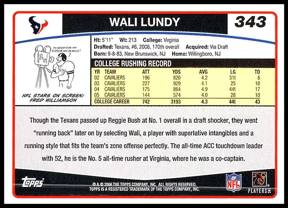 2006 Topps #343 Wali Lundy NM-MT RC Rookie Houston Texans Football Card - Football Card Single