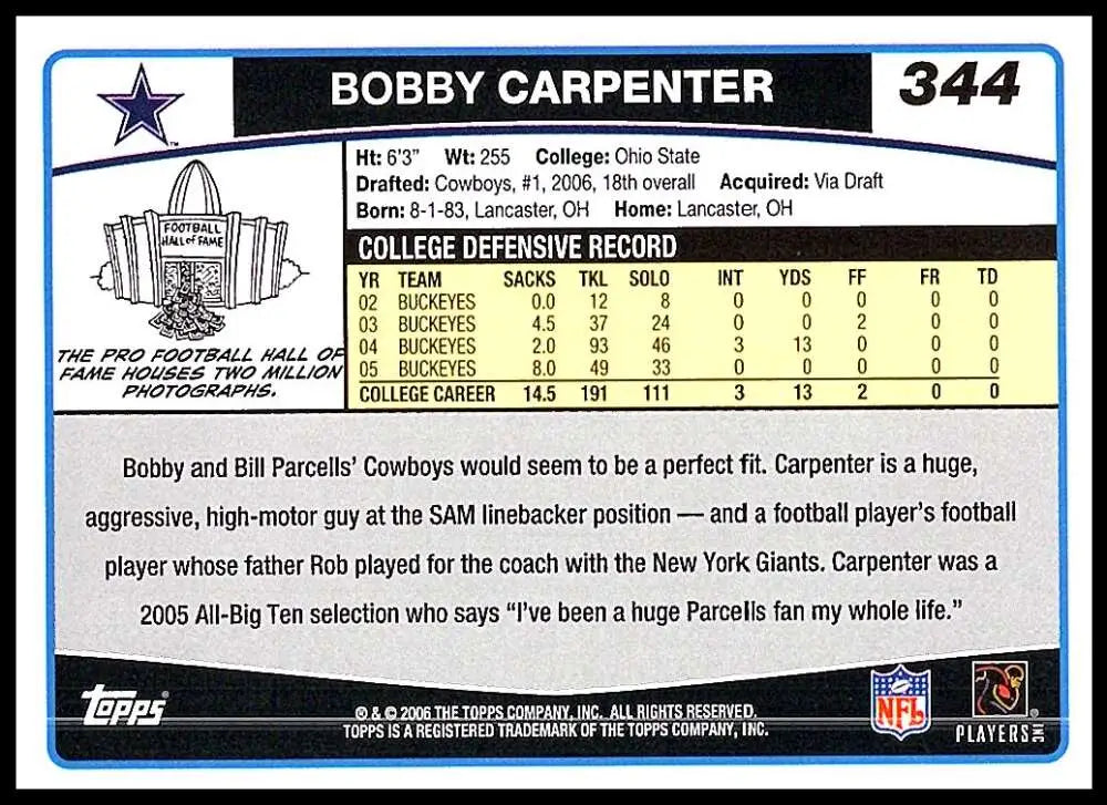 2006 Topps #344 Bobby Carpenter NM-MT RC Rookie Dallas Cowboys Football Card - Football Card Single