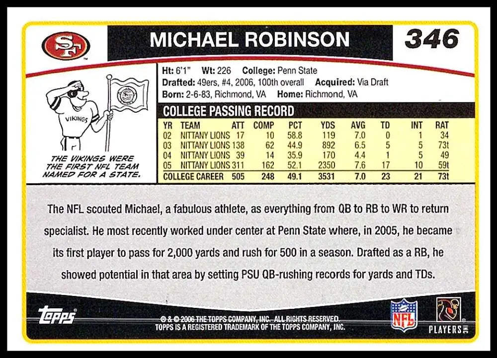 2006 Topps #346 Michael Robinson NM-MT RC Rookie San Francisco 49ers Football Card