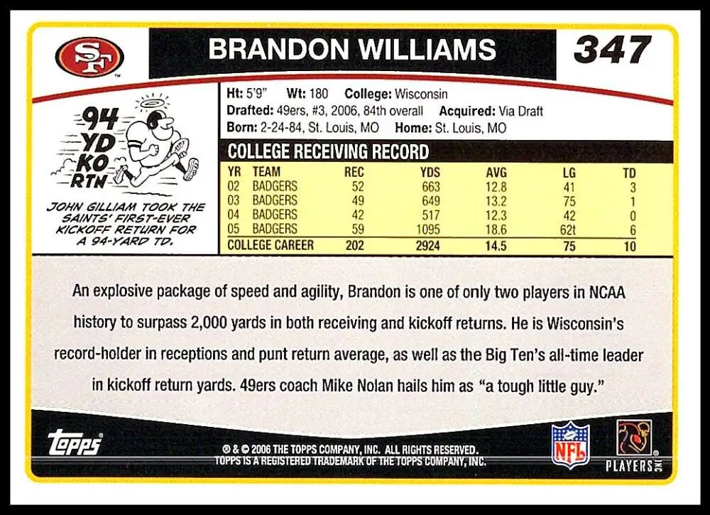 2006 Topps #347 Brandon Williams NM-MT RC Rookie San Francisco 49ers Football Card - Football Card Single