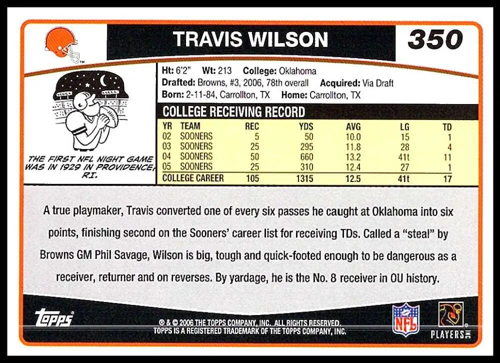 2006 Topps #350 Travis Wilson NM-MT RC Rookie Cleveland Browns Football Card - Football Card Single