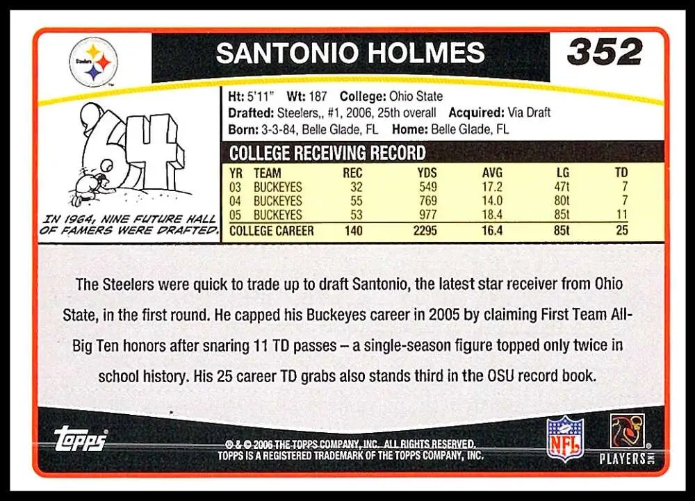 2006 Topps #352 Santonio Holmes NM-MT RC Rookie Pittsburgh Steelers Football Card