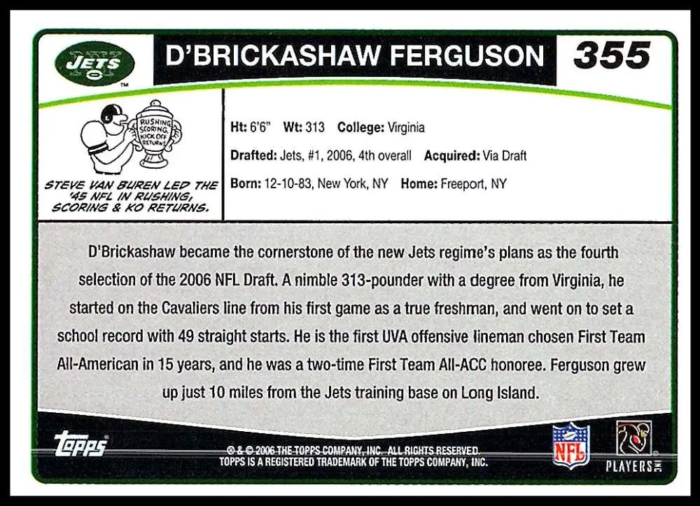 2006 Topps #355 D’Brickashaw Ferguson NM-MT RC Rookie New York Jets Football Card - Football Card Single
