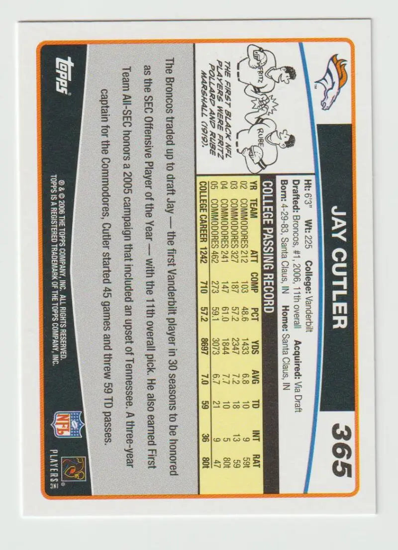 2006 Topps #365 Jay Cutler NM-MT RC Rookie Denver Broncos Football Card - Football Card Single
