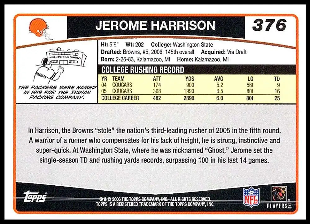 2006 Topps #376 Jerome Harrison NM-MT RC Rookie Cleveland Browns Football Card - Football Card Single