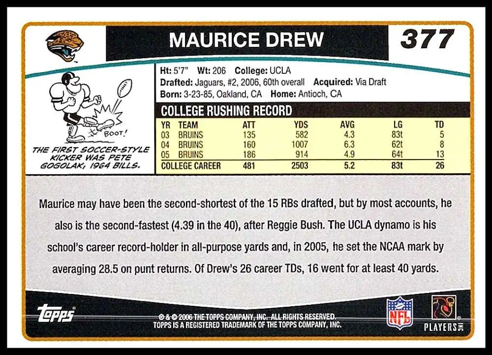 2006 Topps #377 Maurice Drew NM-MT RC Rookie Jacksonville Jaguars Football Card