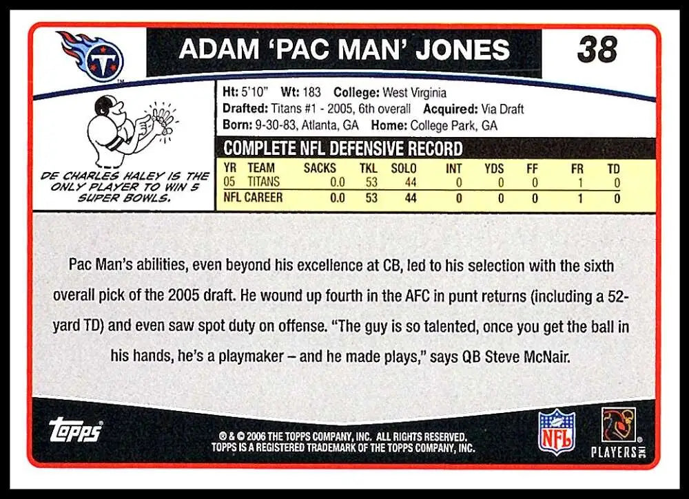 2006 Topps #38 Adam Jones NM-MT Tennessee Titans Football Card - Football Card Single