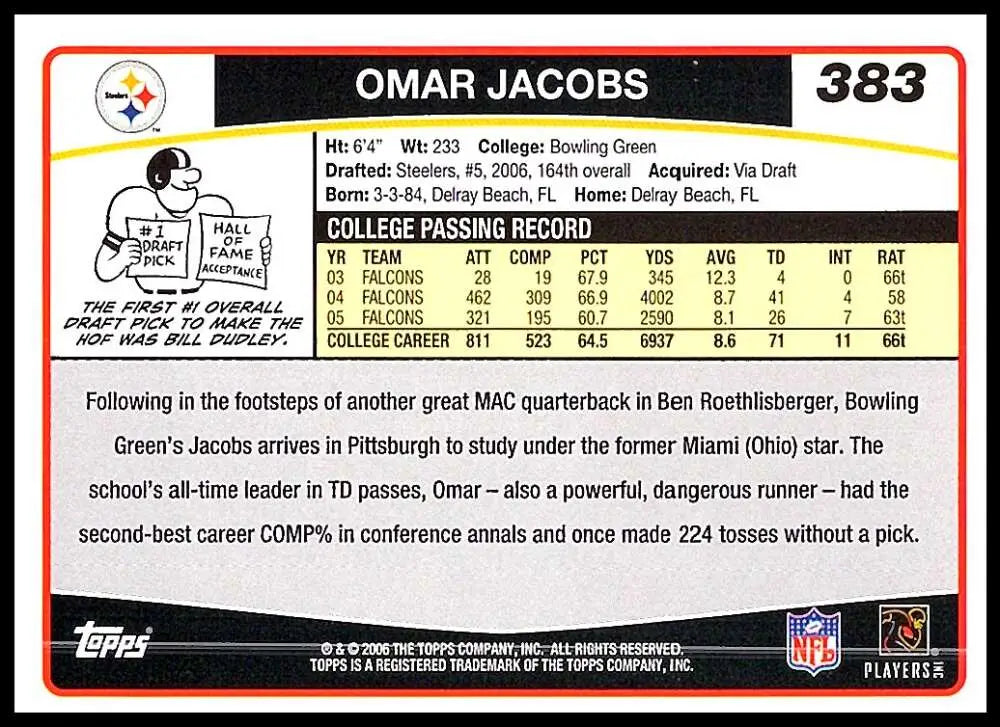 2006 Topps #383 Omar Jacobs NM-MT RC Rookie Pittsburgh Steelers Football Card