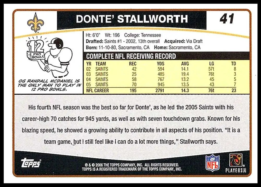 2006 Topps #41 Donte Stallworth NM-MT New Orleans Saints Football Card - Football Card Single