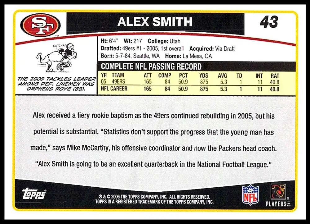 2006 Topps #43 Alex Smith NM-MT San Francisco 49ers Football Card - Football Card Single