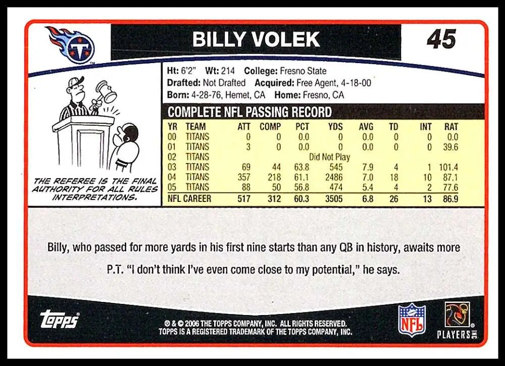 2006 Topps #45 Billy Volek NM-MT Tennessee Titans Football Card - Football Card Single