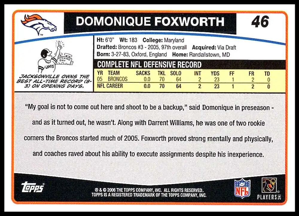 2006 Topps #46 Domonique Foxworth NM-MT Denver Broncos Football Card - Football Card Single