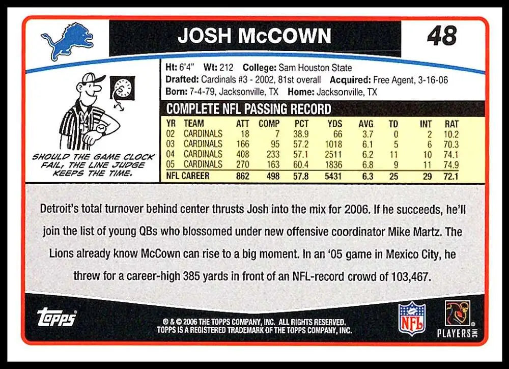 2006 Topps #48 Josh McCown NM-MT Detroit Lions Football Card - Football Card Single