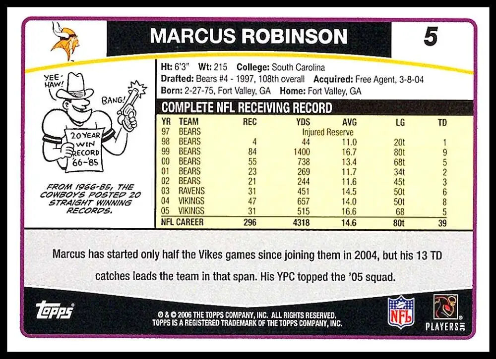 2006 Topps #5 Marcus Robinson NM-MT Minnesota Vikings Football Card - Football Card Single