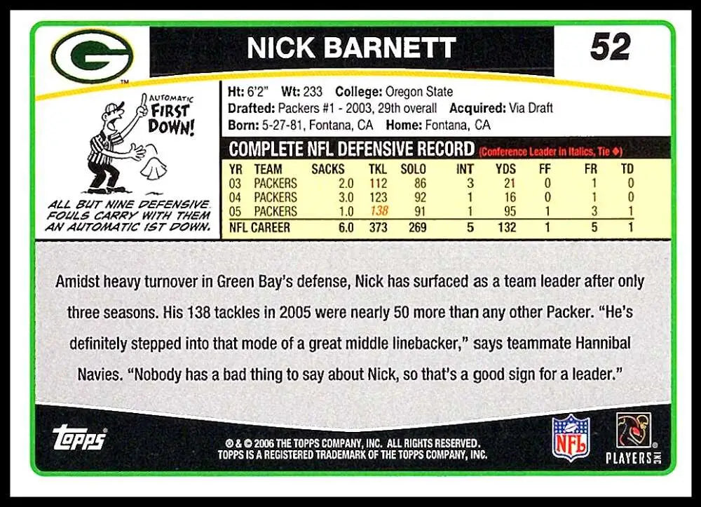 2006 Topps #52 Nick Barnett NM-MT Green Bay Packers Football Card - Football Card Single