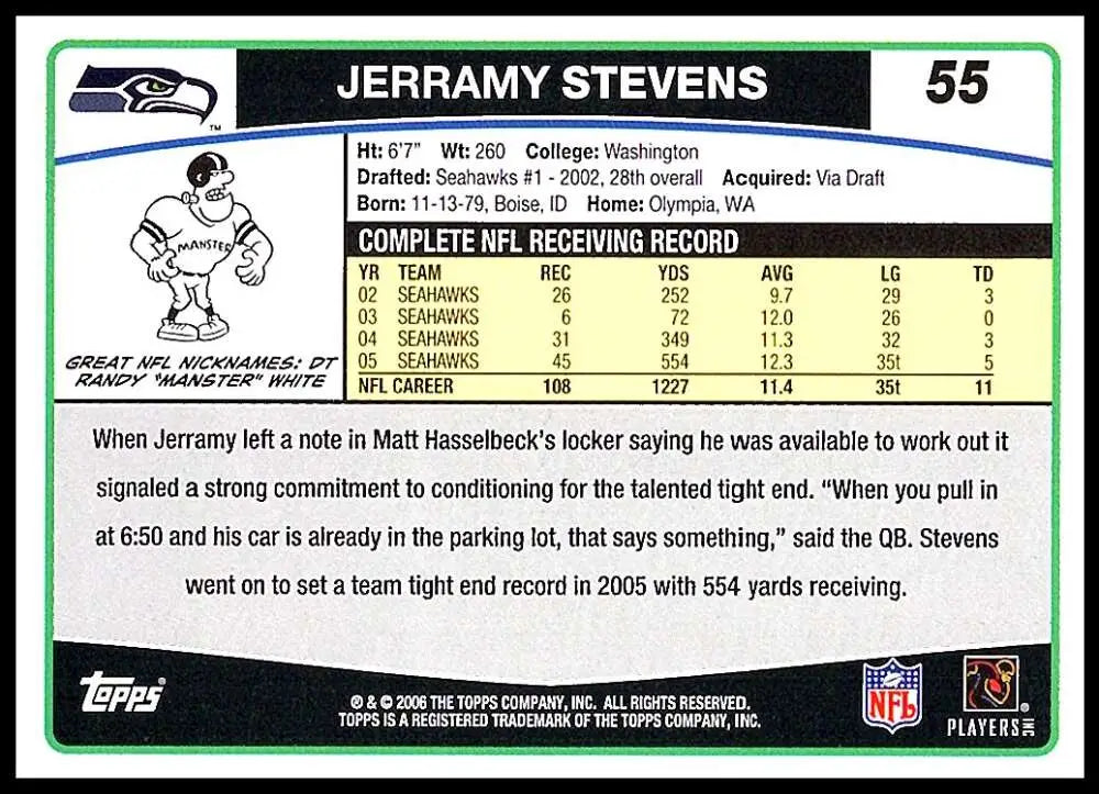 2006 Topps #55 Jerramy Stevens NM-MT Seattle Seahawks Football Card - Football Card Single