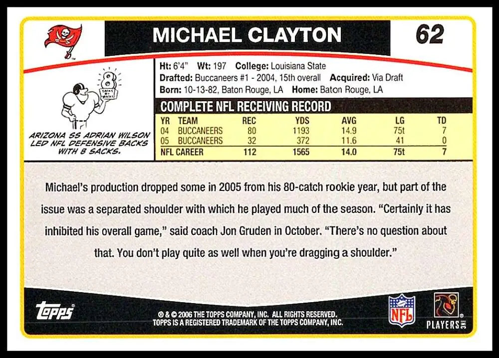 2006 Topps #62 Michael Clayton NM-MT Tampa Bay Buccaneers Football Card - Football Card Single