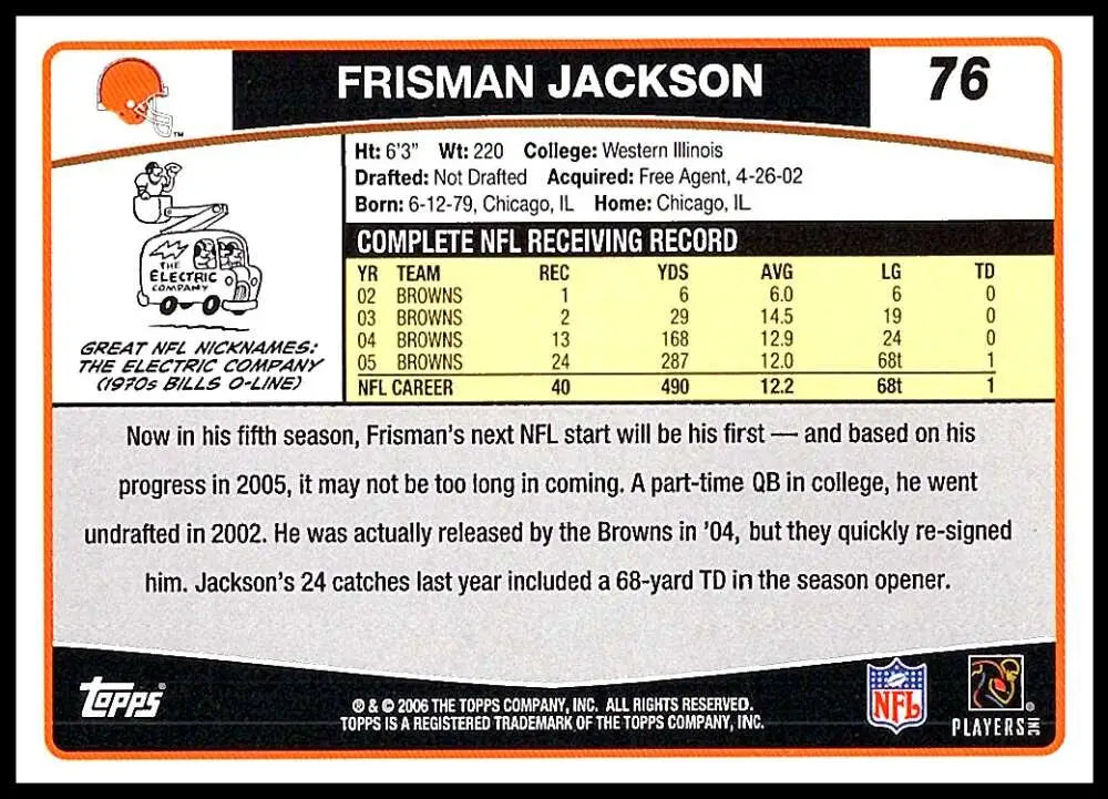 2006 Topps #76 Frisman Jackson NM-MT Cleveland Browns Football Card - Football Card Single