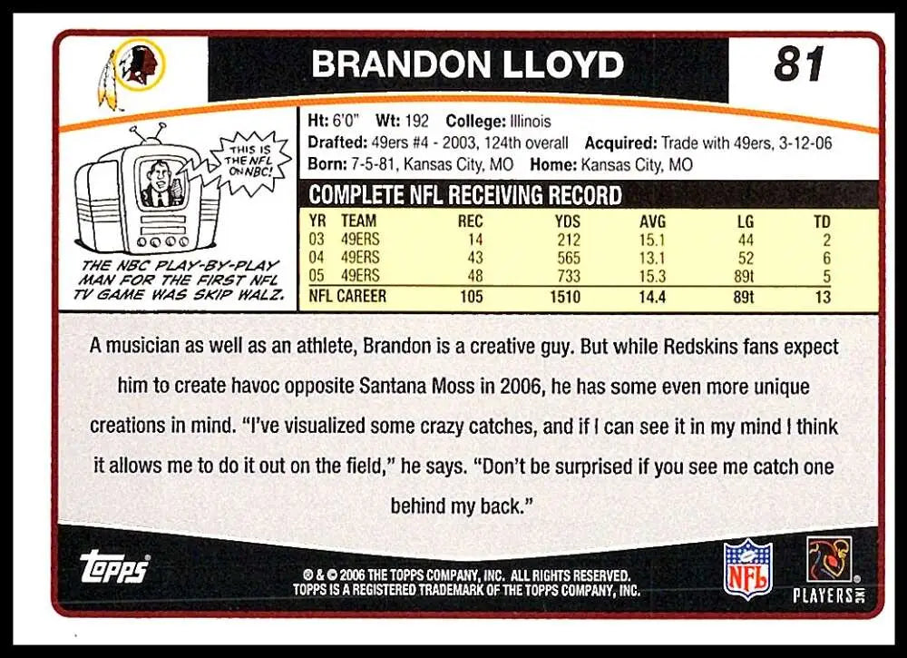 2006 Topps #81 Brandon Lloyd NM-MT Washington Redskins Football Card - Football Card Single