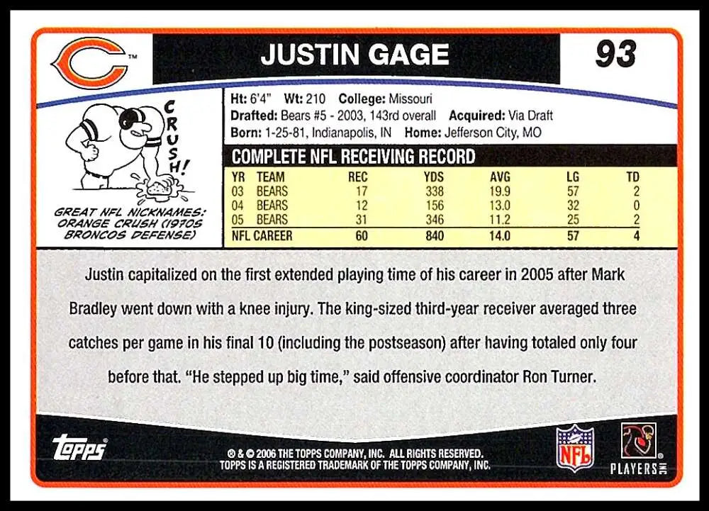 2006 Topps #93 Justin Gage NM-MT Chicago Bears Football Card - Football Card Single