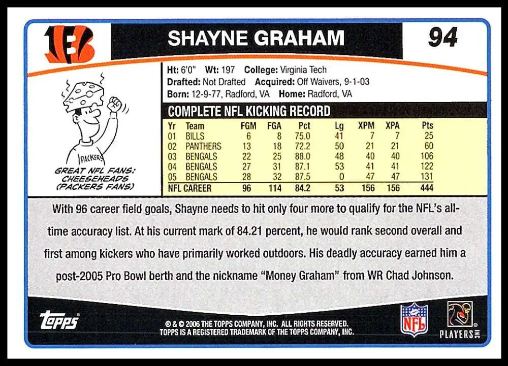 2006 Topps #94 Shayne Graham NM-MT Cincinnati Bengals Football Card - Football Card Single