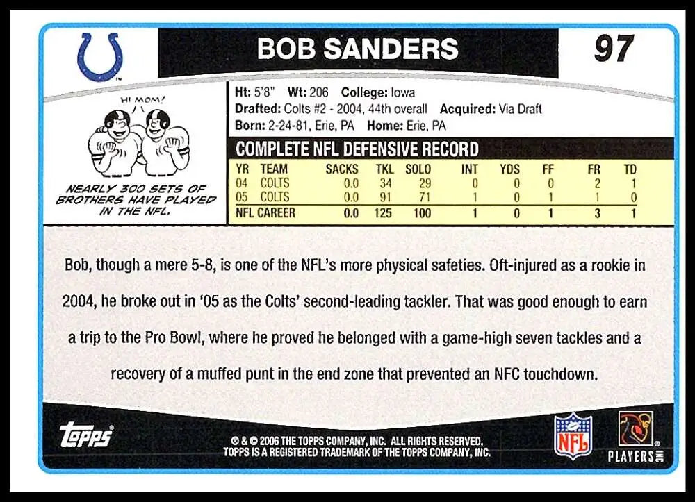 2006 Topps #97 Bob Sanders NM-MT Indianapolis Colts Football Card - Football Card Single
