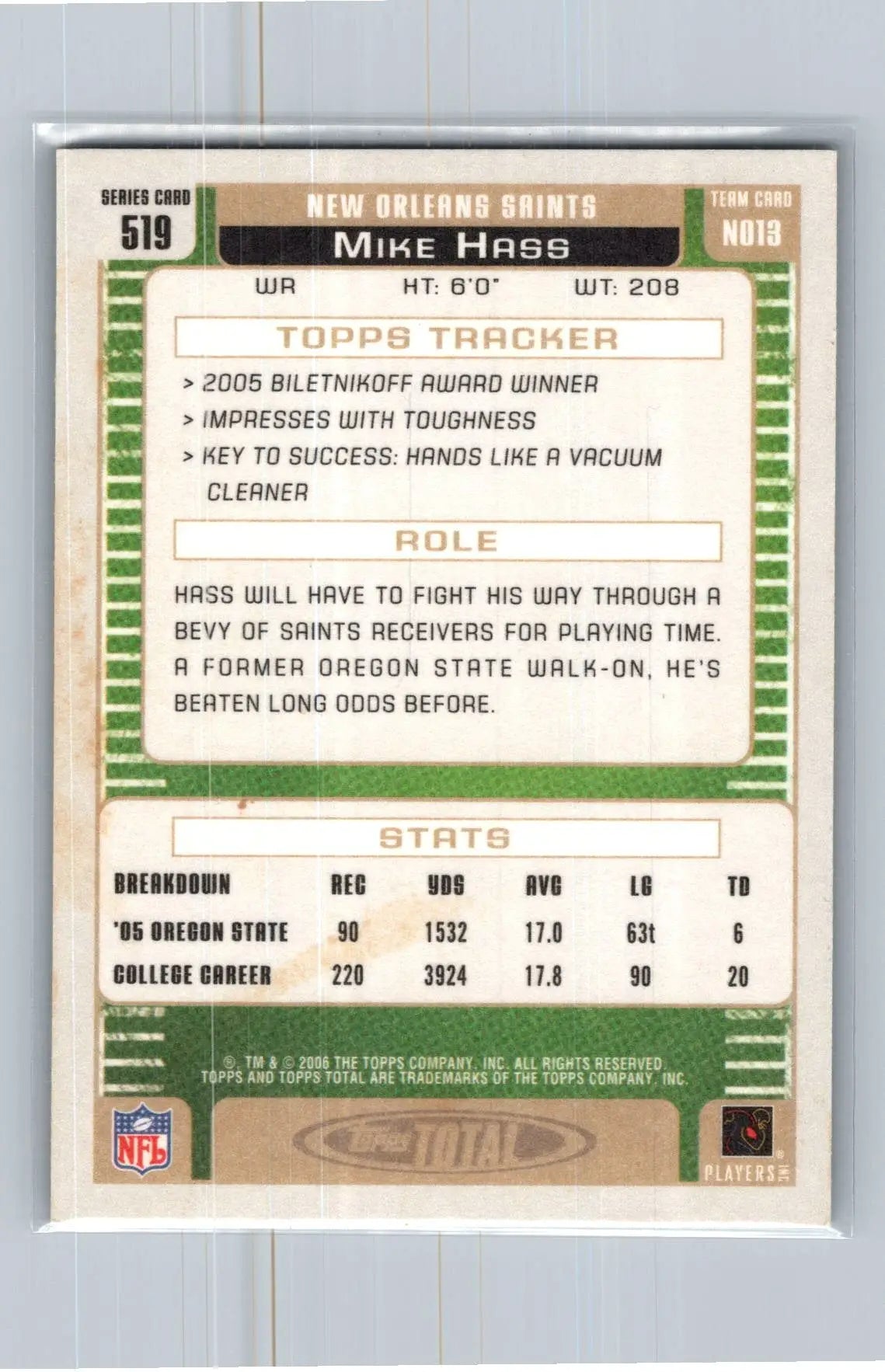 2006 Topps Total #519 Mike Hass New Orleans Saints Rookie - Football Card Single
